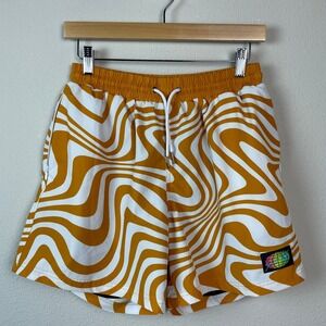 Slunks Board Shorts Mens 27 Yellow White Swirl Psychedelic Retro Surf Trunks